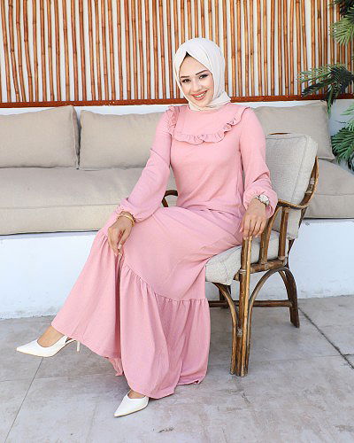 Modaebva - Kolu Lastikli Fırfır Detay Tesettür elbise-3161 Pudra (1)