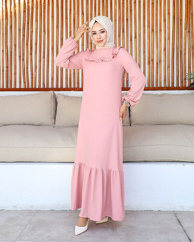 Kolu Lastikli Fırfır Detay Tesettür elbise-3161 Pudra - Thumbnail