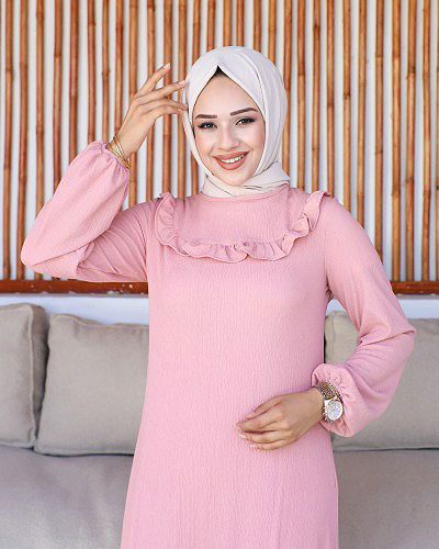 Kolu Lastikli Fırfır Detay Tesettür elbise-3161 Pudra - Thumbnail