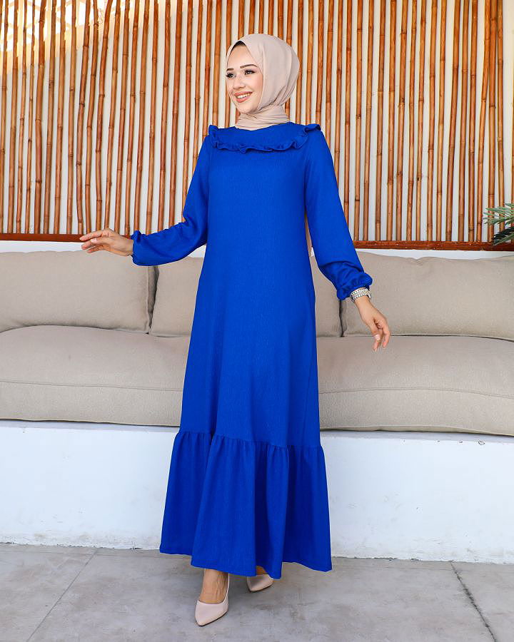 Kolu Lastikli Fırfır Detay Tesettür elbise-3161 Saks mavisi