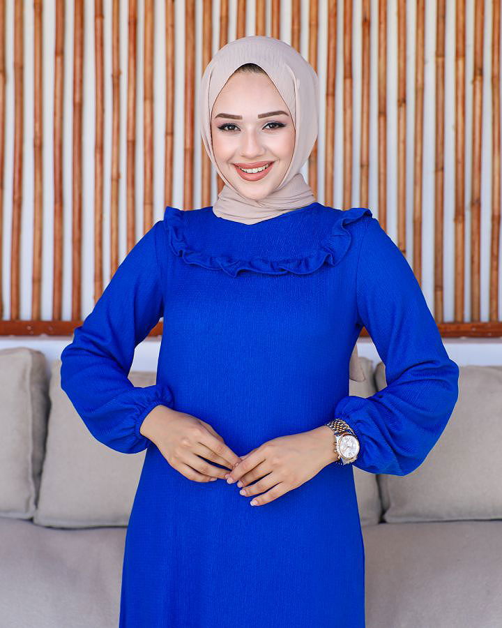 Kolu Lastikli Fırfır Detay Tesettür elbise-3161 Saks mavisi