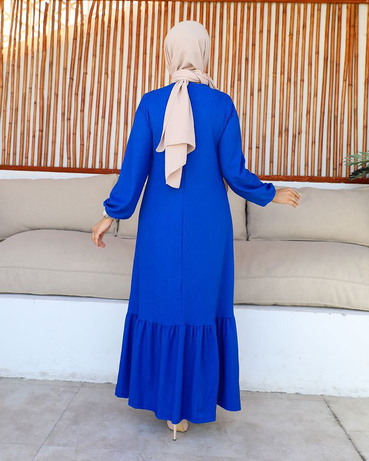 Kolu Lastikli Fırfır Detay Tesettür elbise-3161 Saks mavisi