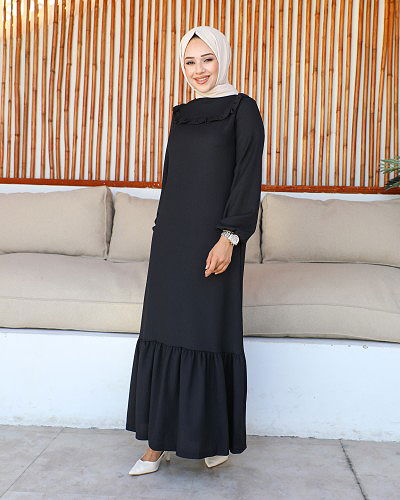 Kolu Lastikli Fırfır Detay Tesettür elbise-3161 Siyah - Thumbnail