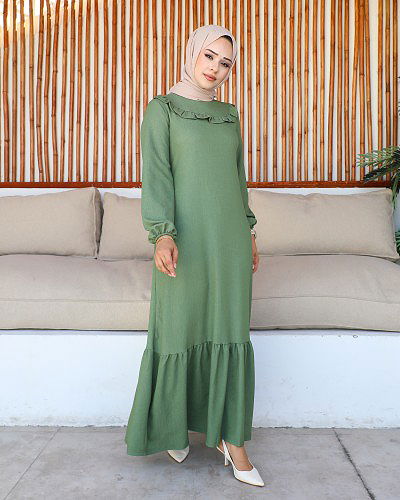 Modaebva - Kolu Lastikli Fırfır Detay Tesettür elbise-3161 Suyeşili (1)