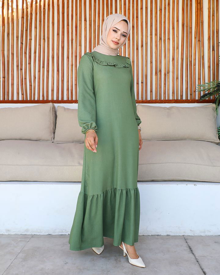 Kolu Lastikli Fırfır Detay Tesettür elbise-3161 Suyeşili