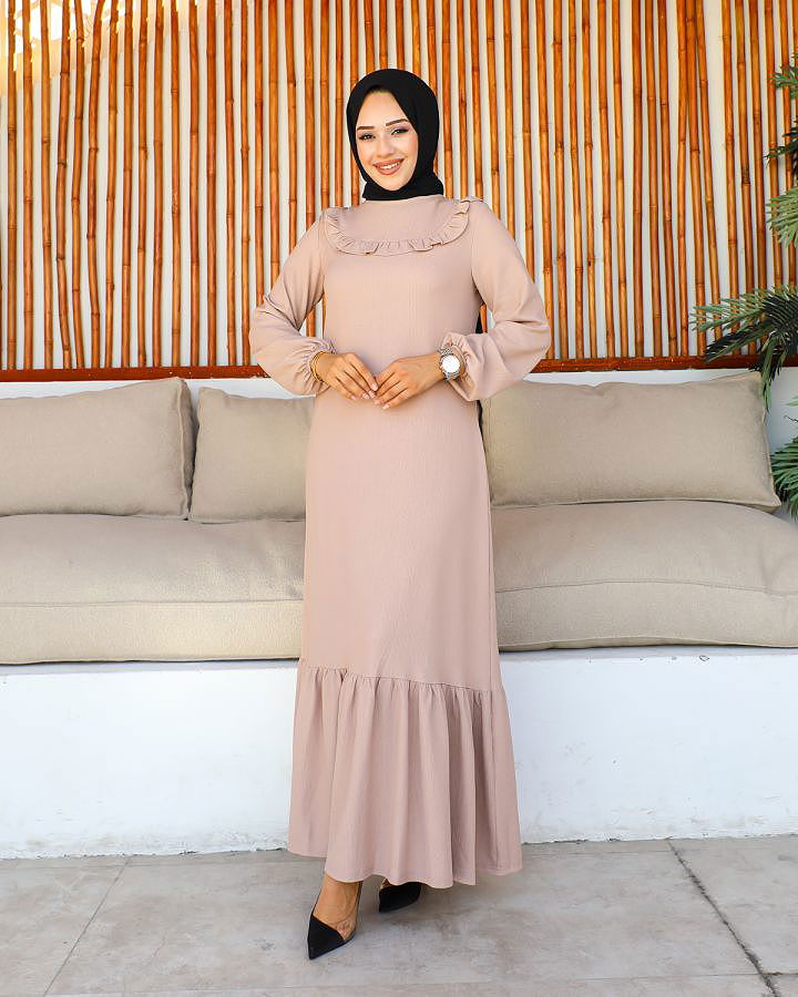 Kolu Lastikli Fırfır Detay Tesettür elbise-3161 Vizon