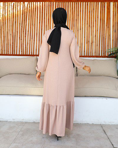 Kolu Lastikli Fırfır Detay Tesettür elbise-3161 Vizon - Thumbnail