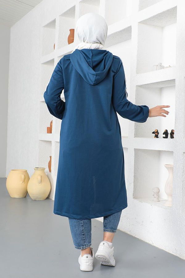 Kolu Lastikli Kapüşonlu Tesettür Kap-3113 İndigo