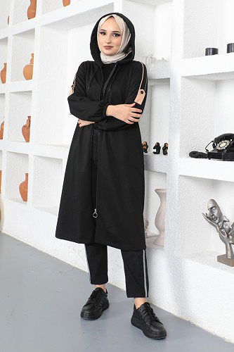Modaebva - Kolu Lastikli Kapüşonlu Tesettür Kap-3113 Siyah (1)