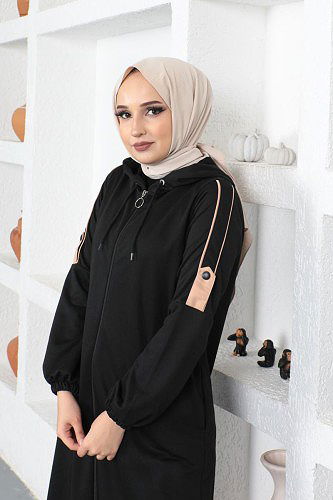 Kolu Lastikli Kapüşonlu Tesettür Kap-3113 Siyah - Thumbnail