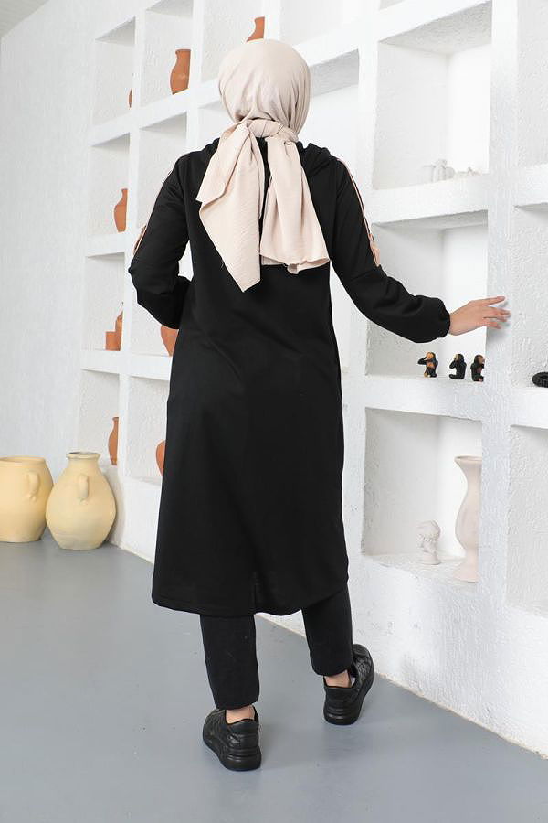Kolu Lastikli Kapüşonlu Tesettür Kap-3113 Siyah