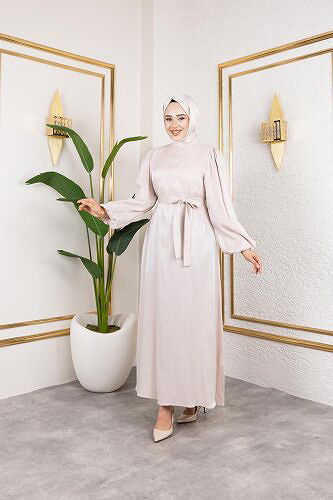 Modaebva - Kolu Lastikli Kuşaklı Elbise-4833 Bej