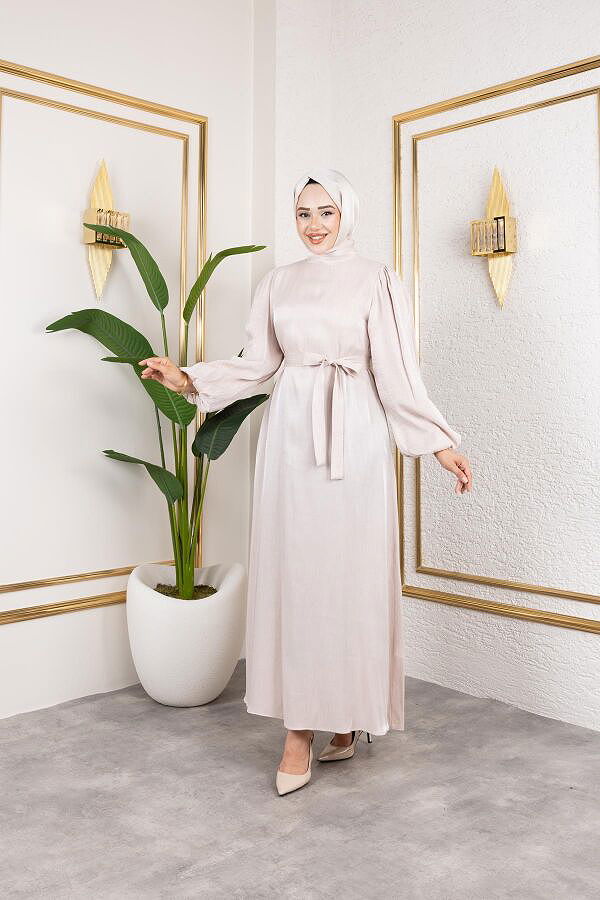 Kolu Lastikli Kuşaklı Elbise-4833 Bej