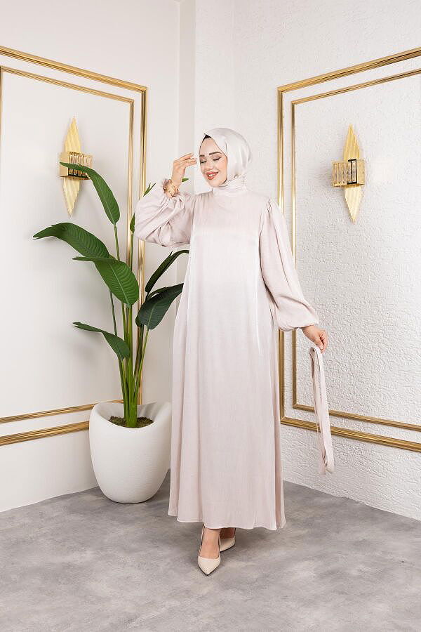 Kolu Lastikli Kuşaklı Elbise-4833 Bej