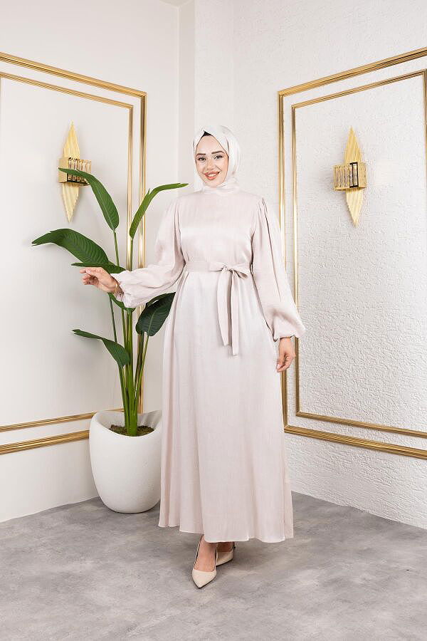 Kolu Lastikli Kuşaklı Elbise-4833 Bej