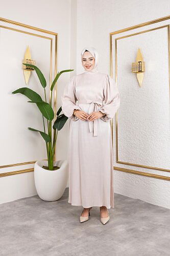 Kolu Lastikli Kuşaklı Elbise-4833 Bej - Thumbnail