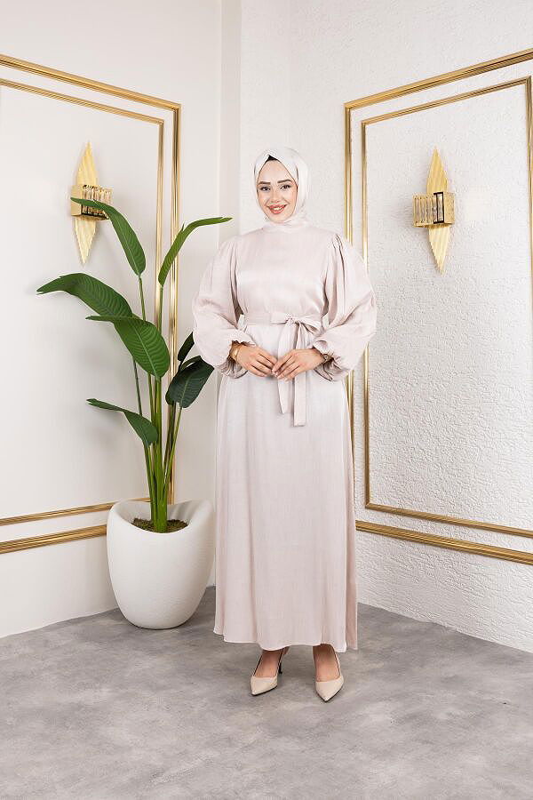 Kolu Lastikli Kuşaklı Elbise-4833 Bej