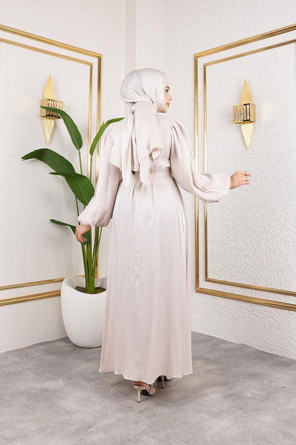 Kolu Lastikli Kuşaklı Elbise-4833 Bej