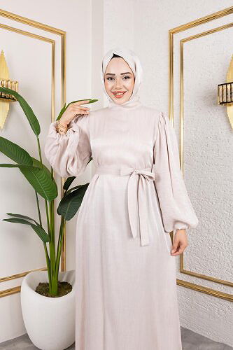 Modaebva - Kolu Lastikli Kuşaklı Elbise-4833 Bej (1)