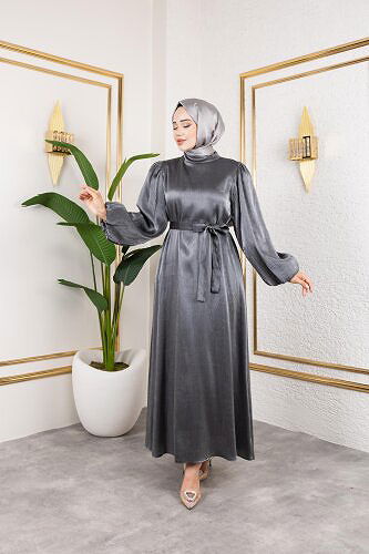 Modaebva - Kolu Lastikli Kuşaklı Elbise--4833 Siyah