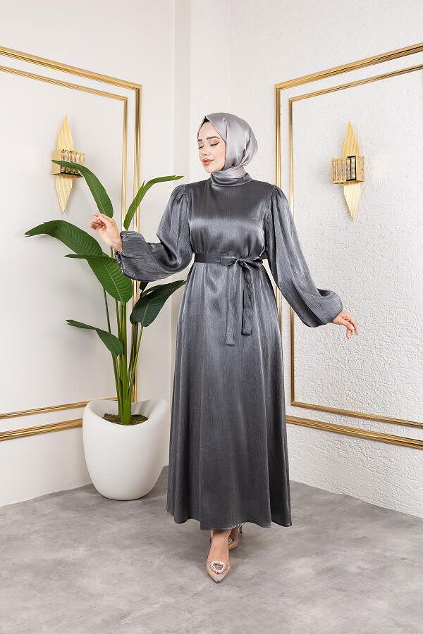 Kolu Lastikli Kuşaklı Elbise--4833 Siyah