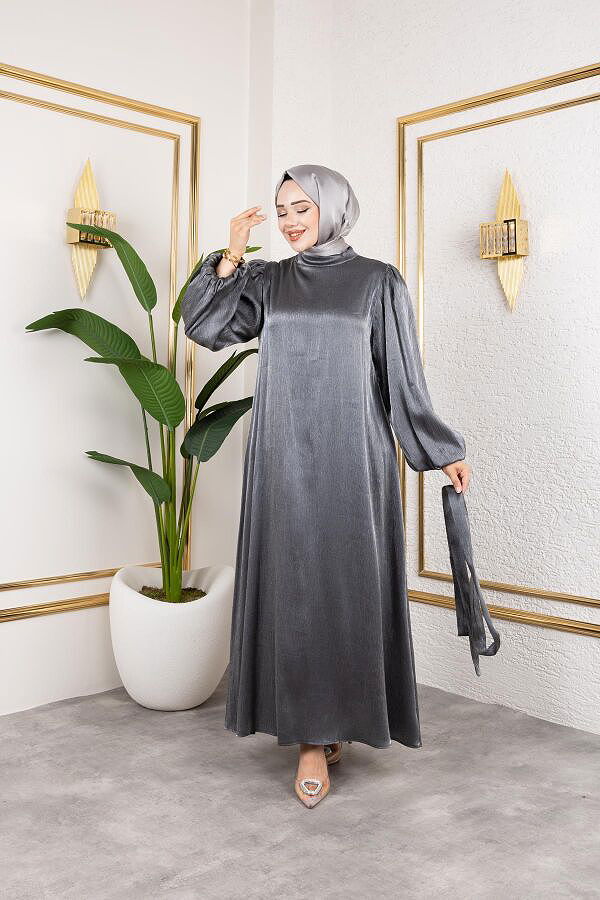 Kolu Lastikli Kuşaklı Elbise--4833 Siyah