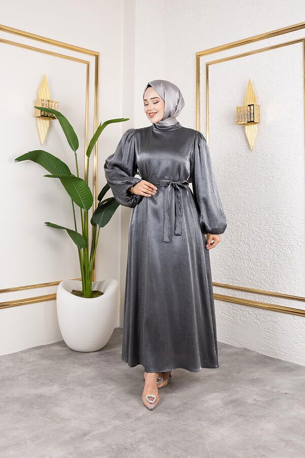 Kolu Lastikli Kuşaklı Elbise--4833 Siyah