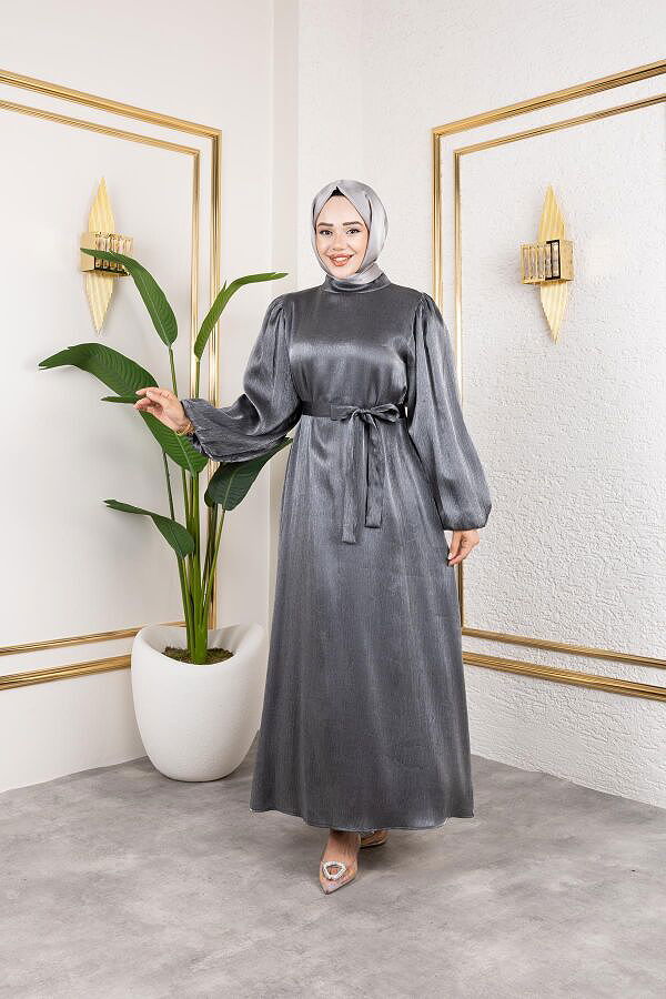 Kolu Lastikli Kuşaklı Elbise--4833 Siyah