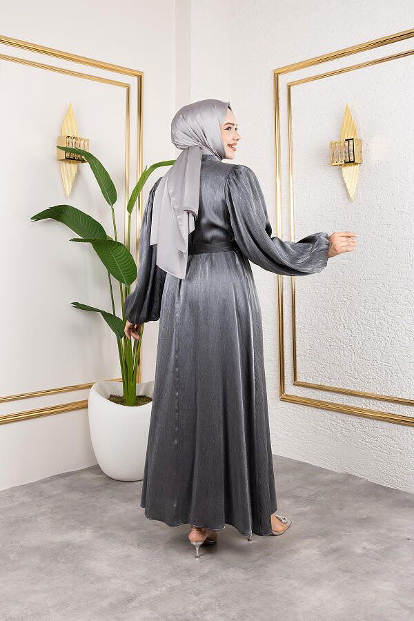 Kolu Lastikli Kuşaklı Elbise--4833 Siyah