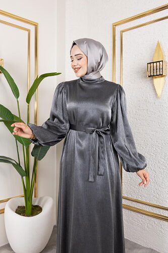 Kolu Lastikli Kuşaklı Elbise--4833 Siyah - Thumbnail