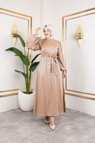 Modaebva - Kolu Lastikli Kuşaklı Elbise-4833 Vizon