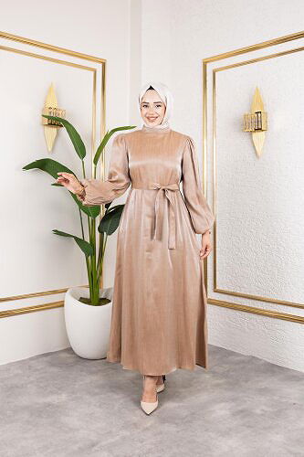 Kolu Lastikli Kuşaklı Elbise-4833 Vizon - Thumbnail