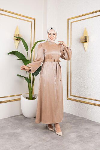 Kolu Lastikli Kuşaklı Elbise-4833 Vizon - Thumbnail