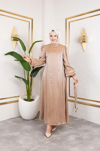 Modaebva - Kolu Lastikli Kuşaklı Elbise-4833 Vizon (1)