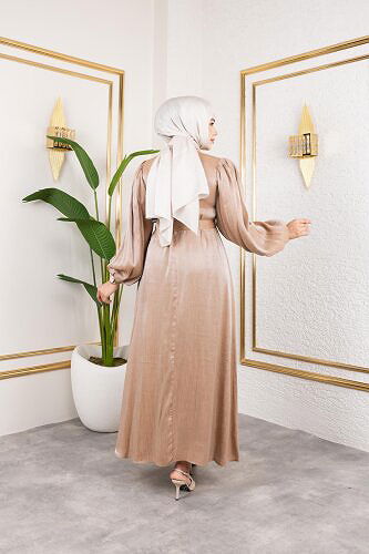 Kolu Lastikli Kuşaklı Elbise-4833 Vizon - Thumbnail