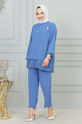 Kolu Lastikli Piliseli Broşlu İkili takım-3895 Bebe mavisi - Thumbnail