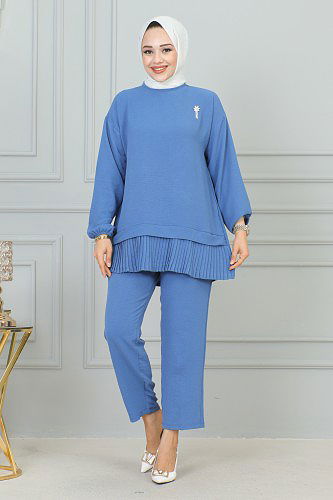 Kolu Lastikli Piliseli Broşlu İkili takım-3895 Bebe mavisi - Thumbnail