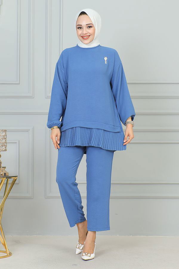 Kolu Lastikli Piliseli Broşlu İkili takım-3895 Bebe mavisi