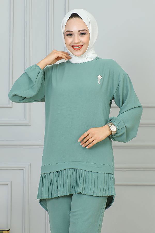 Kolu Lastikli Piliseli Broşlu İkili takım-3895 Mintyeşili