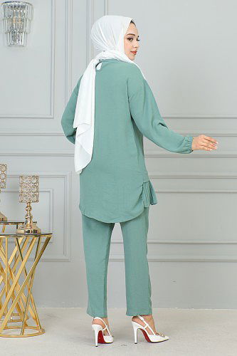 Kolu Lastikli Piliseli Broşlu İkili takım-3895 Mintyeşili - Thumbnail