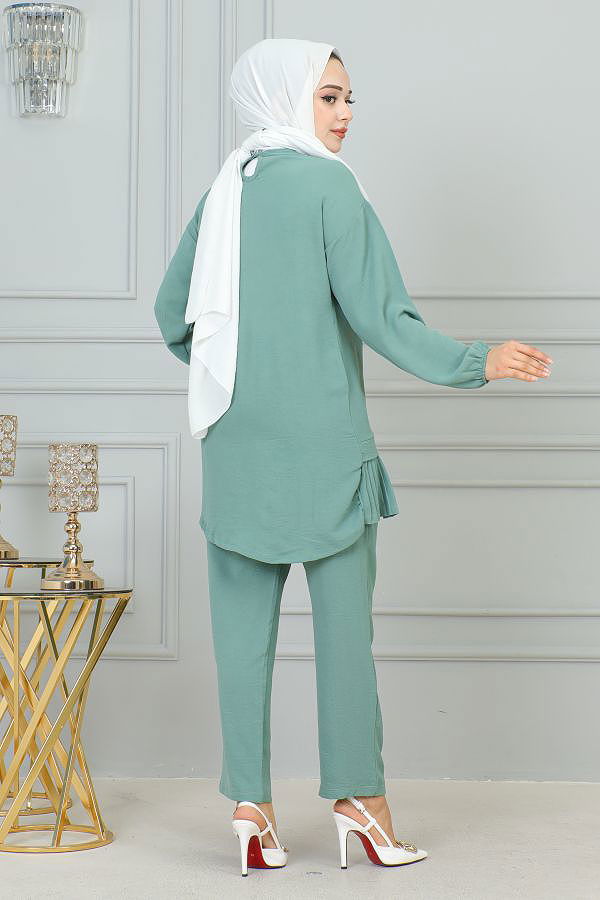 Kolu Lastikli Piliseli Broşlu İkili takım-3895 Mintyeşili