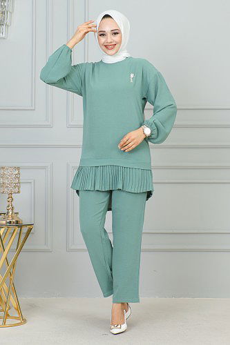 Kolu Lastikli Piliseli Broşlu İkili takım-3895 Mintyeşili - Thumbnail