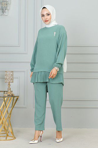 Kolu Lastikli Piliseli Broşlu İkili takım-3895 Mintyeşili - Thumbnail