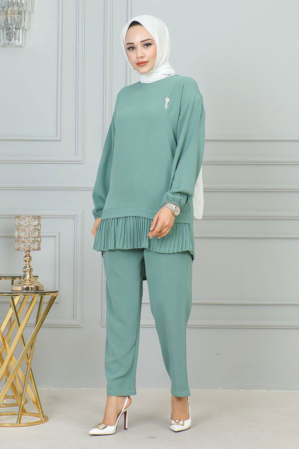 Kolu Lastikli Piliseli Broşlu İkili takım-3895 Mintyeşili