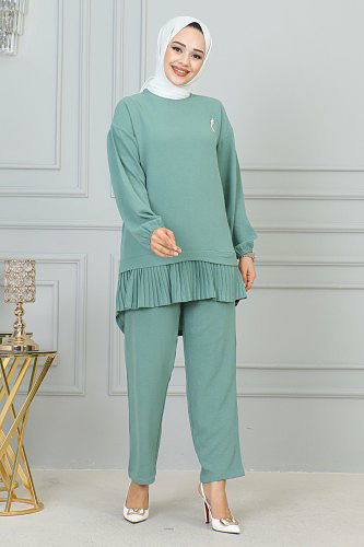 Kolu Lastikli Piliseli Broşlu İkili takım-3895 Mintyeşili - Thumbnail