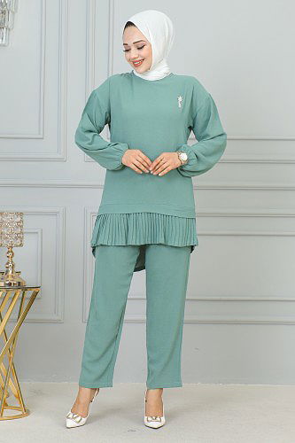 Kolu Lastikli Piliseli Broşlu İkili takım-3895 Mintyeşili - Thumbnail