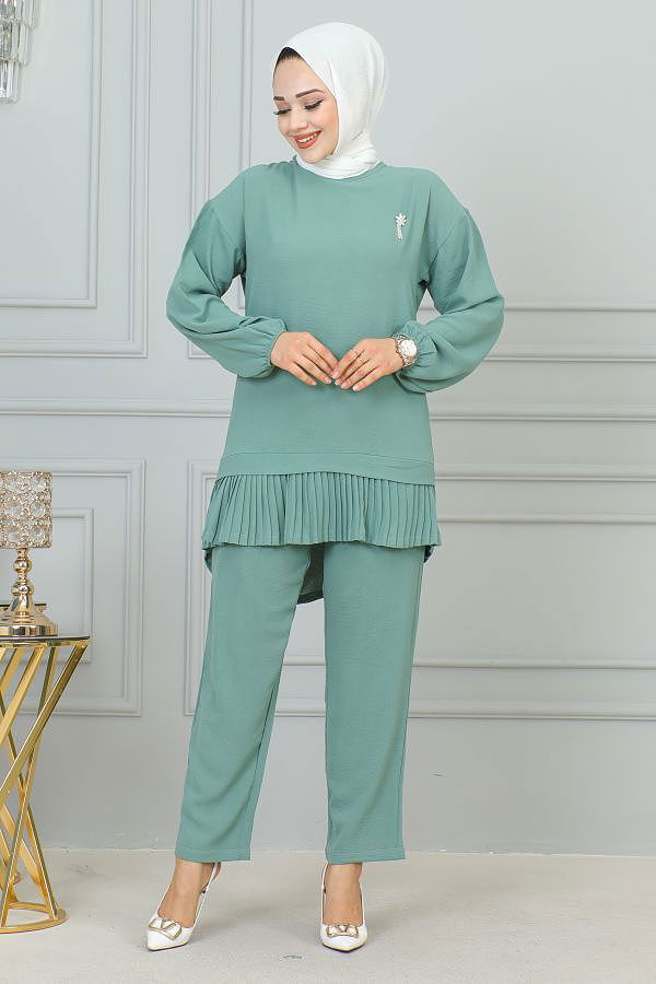 Kolu Lastikli Piliseli Broşlu İkili takım-3895 Mintyeşili