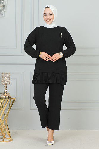 Kolu Lastikli Piliseli Broşlu İkili Takım-3895 Siyah - Thumbnail