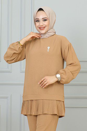 Kolu Lastikli Piliseli Broşlu İkili Takım-3895 Taba - Thumbnail