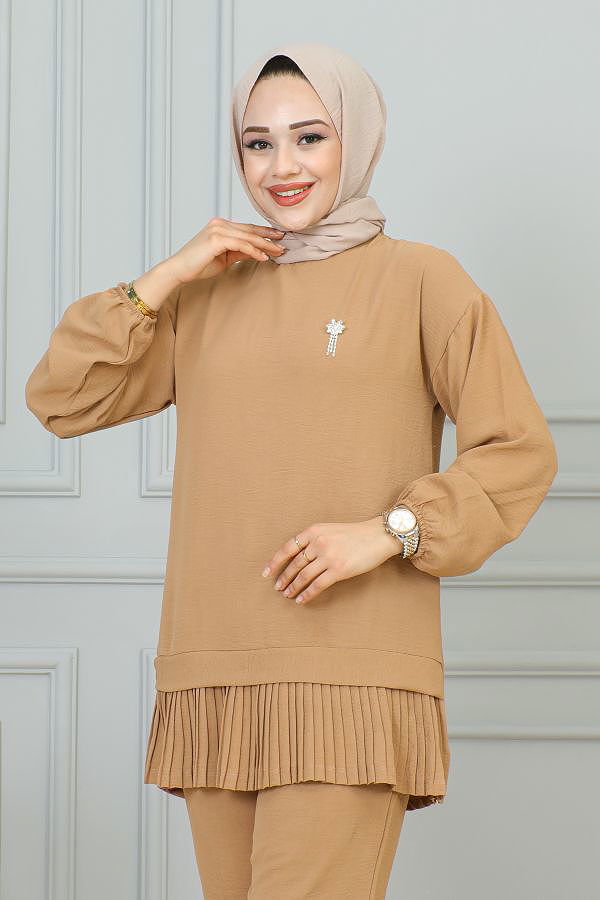 Kolu Lastikli Piliseli Broşlu İkili Takım-3895 Taba